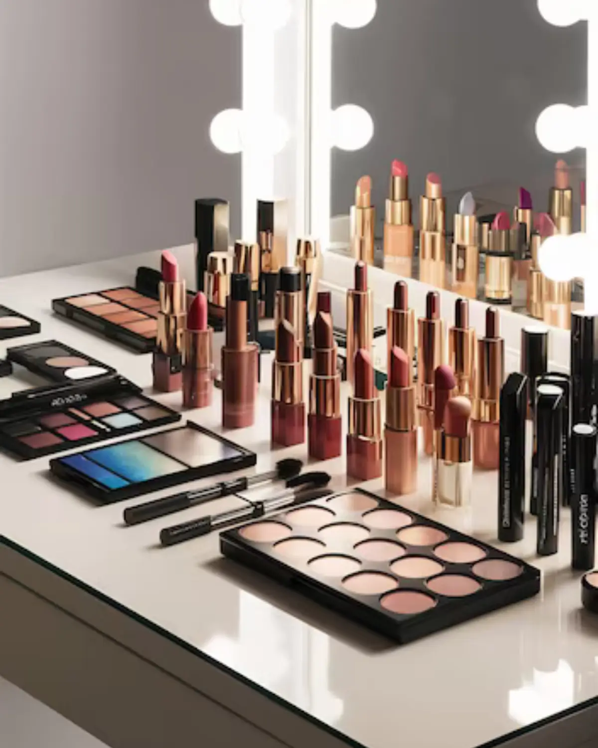 Makeup display with rows of lipsticks and complexion products organized on a studio table at a beauty and hair salon in Denver.
